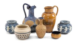 ASSORTED DOULTON STONEWARE, including ewer, vase and salt impressed gilt decorations, two pate-sur-