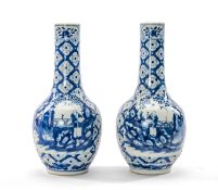 PAIR CHINESE BLUE & WHITE BOTTLE VASES, Kangxi 4-character marks, painted with scholars and