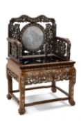 CHINESE HARDWOOD & MOTHER OF PEARL INLAID ARMCHAIR, grey veined marble inset back flanked by pierced