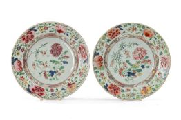 PAIR CHINESE FAMILLE ROSE PLATES, Yongzheng, painted with chrysanthemum and other flowers to the