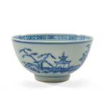 CHINESE 'NANKING CARGO' BLUE & WHITE PORCELAIN BOWL, c. 1751, painted with an island and temple,
