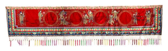 STRAITS CHINESE RED SILK EMBROIDERED TEMPLE BANNER, decorated with 8 Taoist Immortals and two Star