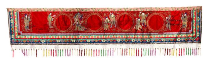 STRAITS CHINESE RED SILK EMBROIDERED TEMPLE BANNER, decorated with 8 Taoist Immortals and two Star