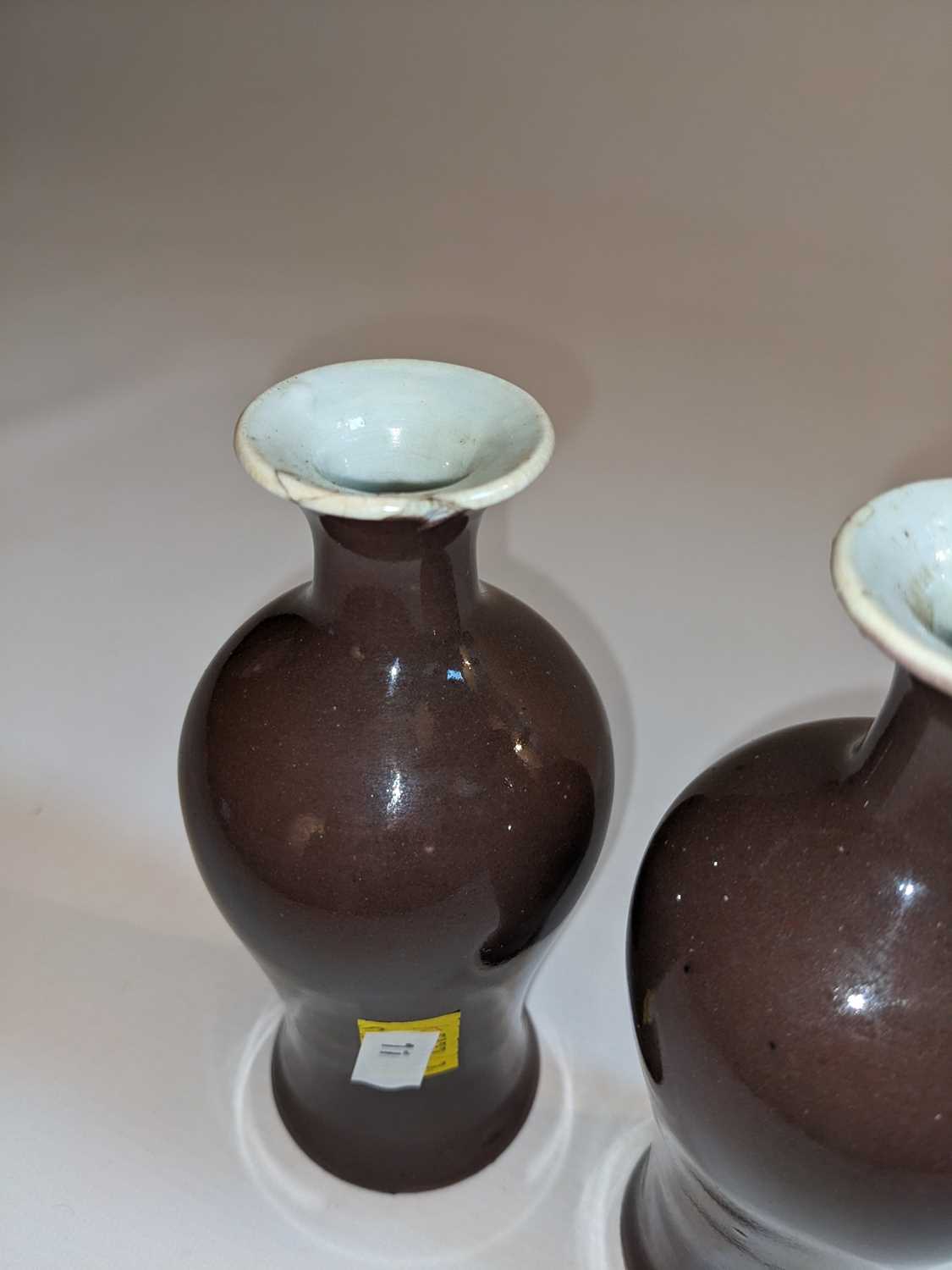 NEAR PAIR CHINESE AUBERGINE MONOCHROME BOTTLE VASES, Republic, baluster form, both about 15cms h (2) - Image 3 of 3