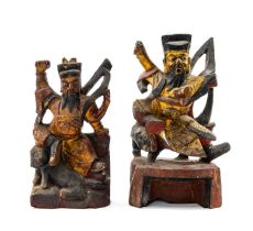 TWO PROVINCIAL CHINESE LACQUERED WOOD FIGURES OF GUANDI, Qing Dynasty, each with raised fist