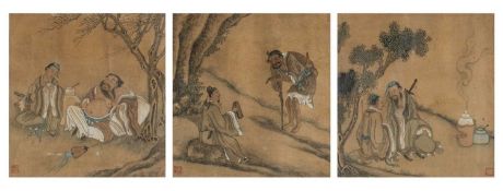 SET THREE CHINESE 'DAOIST IMMORTALS' WATERCOLOURS, late Qing dynasty or later, painted with