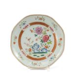 CHINESE FAMILLE ROSE OCTAGONAL SAUCER DISH, Qianlong, decorated with passion flower, peony,