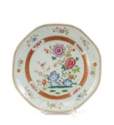 CHINESE FAMILLE ROSE OCTAGONAL SAUCER DISH, Qianlong, decorated with passion flower, peony,
