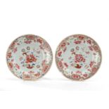 PAIR CHINESE FAMILLE ROSE PLATES, Qianlong, painted with peony and other flowers within scrolling