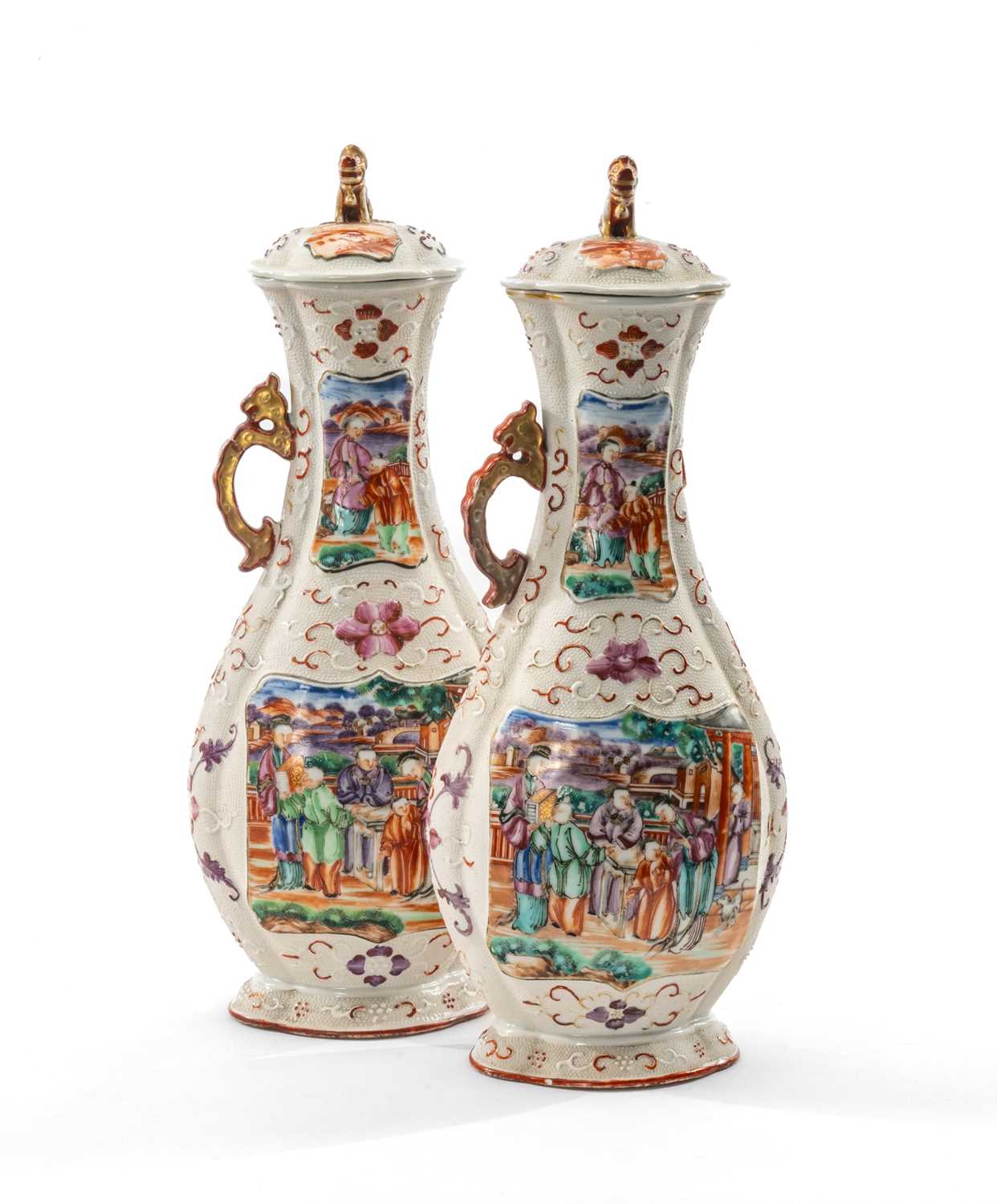 PAIR CHINESE FAMILLE ROSE BALUSTER VASES & COVERS, Qianlong, of quatrefoil section, decorated in the