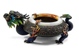 CHINESE JADEITE MOUNTED SILVER & ENAMEL 'LONGGUI' BRUSHWASHER, 20th Century, in the form of a