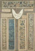 FRAMED DISPLAY OF CHINESE SILK NEEDLEWORK, c. 1900, including five sleeve panels and a U-shaped