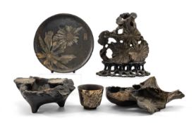 FIVE CHINESE 'CHRYSANTHEMUM STONE' SCHOLAR'S OBJECTS, comprising two brushwashers, teabowl, dish,