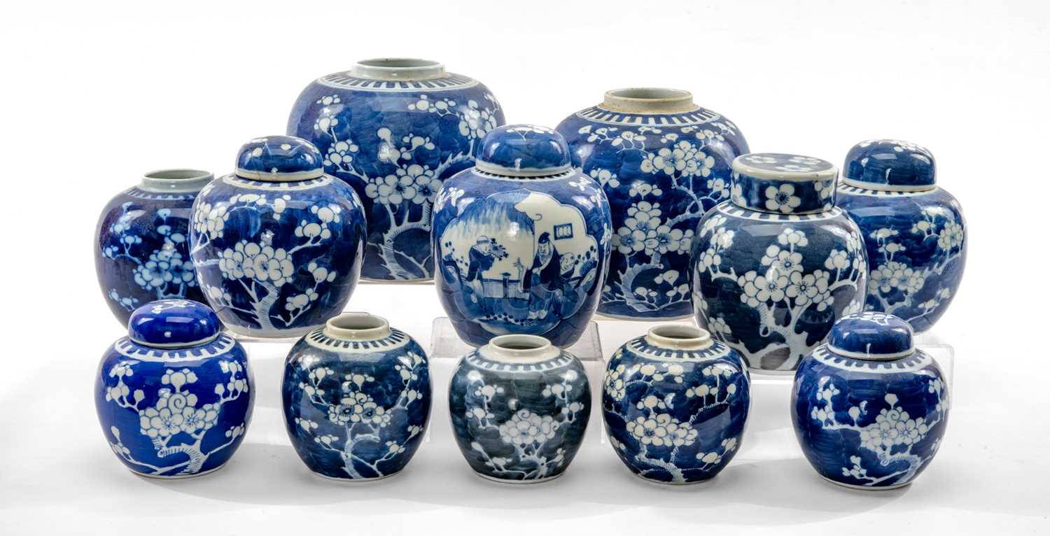 ASSORTED CHINESE BLUE & WHITE 'PRUNUS' JARS, 19th/20th Century, six with covers, one painted with