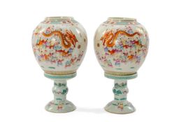 PAIR CHINESE FAMILLE ROSE 'HUNDRED BOYS' LANTERNS & STANDS, late 19th Century/Republic, painted with