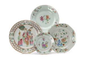 FOUR CHINESE FAMILLE ROSE DISHES, 18th/19th Century, comprising 'Immortals' saucer dish featuring