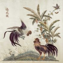 GOOD CHINESE SILK EMBROIDERY, 20th Century, decorated with two cockerels, insects, flowering