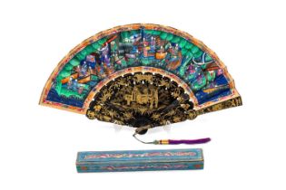 FINE CHINESE EXPORT 'THOUSAND FACES' FAN, 19th Century, in original box with tassel, 15 gilt black-