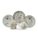 FOUR FAMILLE ROSE PLATES & TWO TEAPOTS, comprising pair late 18th C. peony plates, 22.5cms diam.,