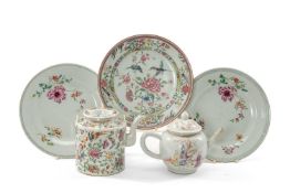 FOUR FAMILLE ROSE PLATES & TWO TEAPOTS, comprising pair late 18th C. peony plates, 22.5cms diam.,