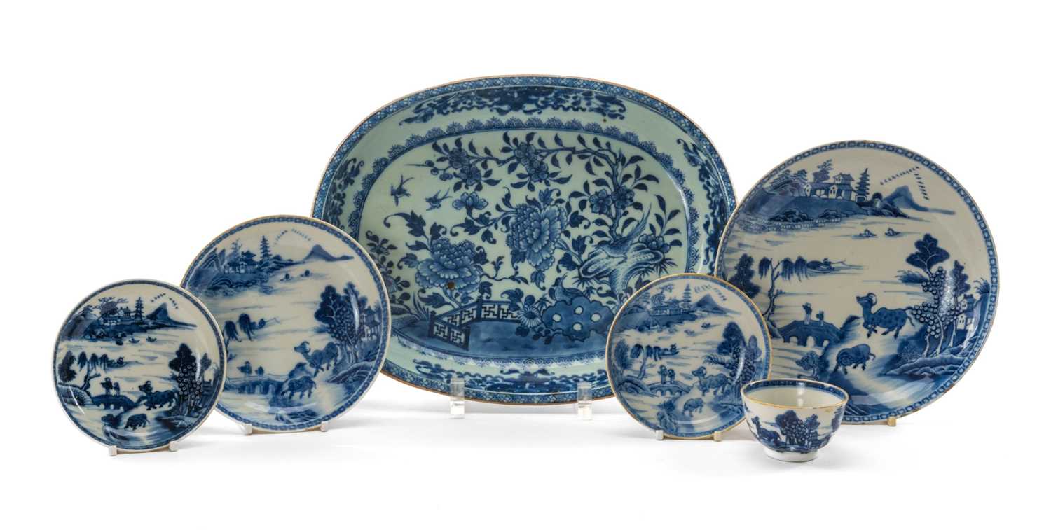 CHINESE BLUE & WHITE PORCELAIN, Qianlong, comprising oval dish painted with pair of pheasants on