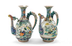 PAIR JAPANESE KUTANI PORCELAIN EWERS, of pear shape, each painted in the kakiemon style with birds