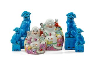 SIX CHINESE PORCELAIN FIGURES, 20th Century, including two pairs of turquoise glazed dogs-of-fo,