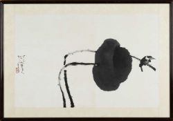 CIRCLE OF DING YANGYONG (1902-1978) print - bird on lotus stem, signed, red seal, 45 x 70cms,