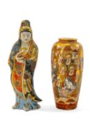 JAPANESE PORCELAIN FIGURE OF KWANNON & SATSUMA VASE, the Immortal deity wearing flowing robes and
