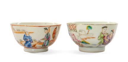 TWO CHINESE FAMILLE ROSE PORCELAIN TEABOWLS, late 18th Century, painted with figures, one in the