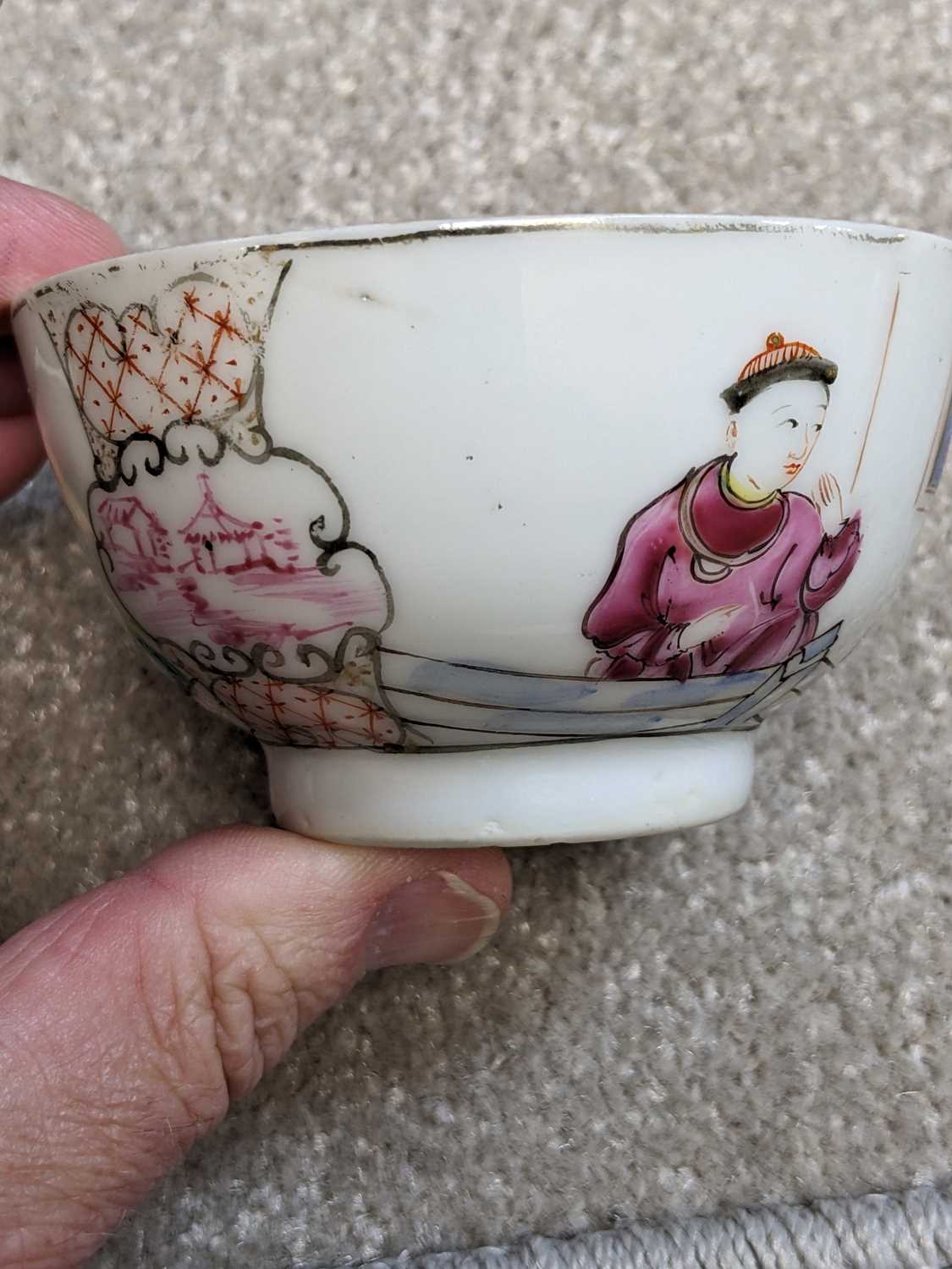 TWO CHINESE FAMILLE ROSE PORCELAIN TEABOWLS, late 18th Century, painted with figures, one in the - Image 2 of 5