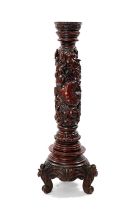 JAPANESE CARVED BLACKWOOD JARDINIERE STAND, late Meiji/Taisho Period, foliate top above column