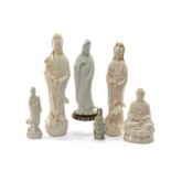 SIX CHINESE BLANC DE CHINE FIGURES, 20th Century, including five figures of Guanyin, and a seated