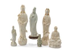 SIX CHINESE BLANC DE CHINE FIGURES, 20th Century, including five figures of Guanyin, and a seated