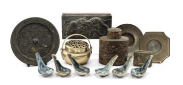 ASSORTED ASIAN METALWARE, including Chinese portable hand warmer, archaistic bronze mirror, tea
