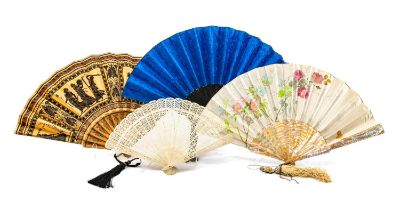 FOUR LADIES FANS, comprising Chinese blue silk fan (boxed), Chinese mother of pearl and painted