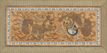 CHINESE EMBROIDERED 'DOG OF FO' SILK PANEL, c.1900, decorated in gold thread with the mythical