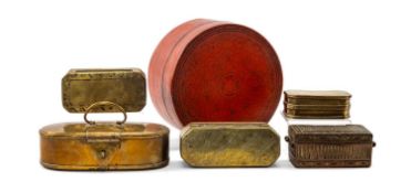 ASSORTED INDIAN BRASS & BURMESE LACQUER BETEL BOXES, comprising Indian oval box with, handle,