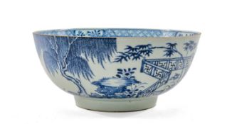 CHINESE BLUE & WHITE PUNCH BOWL, Qianlong, painted with willow tree, peony, rocks in a fenced