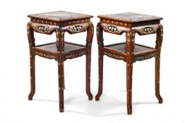 PAIR CHINESE HARDWOOD & MOTHER OF PEARL INLAID STANDS, square tops inset with veined grey marble