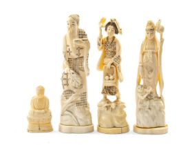 FOUR JAPANESE MARINE IVORY OKIMONO, Meiji Period, comprising Kwannon, female farmer, sage, all about