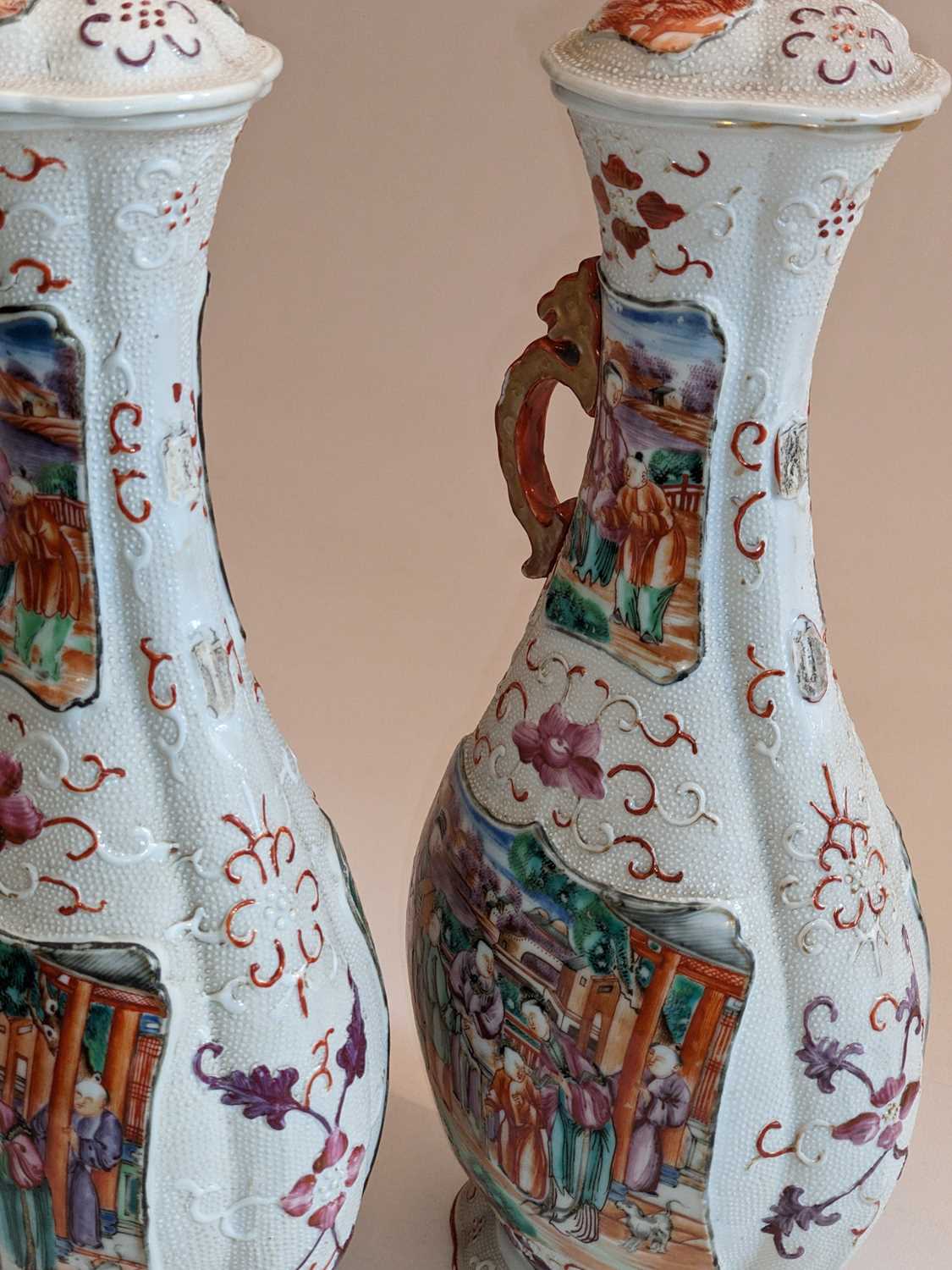 PAIR CHINESE FAMILLE ROSE BALUSTER VASES & COVERS, Qianlong, of quatrefoil section, decorated in the - Image 4 of 11