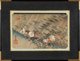 HIROSHIGE, oban tat-e, 'Sudden Shower at Shono' no. 45 of 53 from Tokaido Gojusan Tsugi No Uchi,