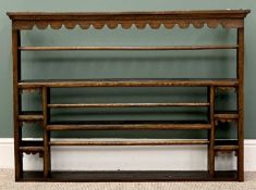 GEORGIAN OAK OPEN BACK DELFT RACK with decorative upper front frieze and various size shelves, 86cms