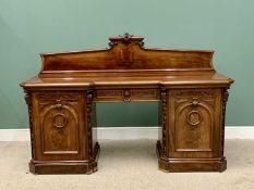 VICTORIAN MAHOGANY PEDESTAL SIDEBOARD having a shaped upper rail-back with carved detail to the