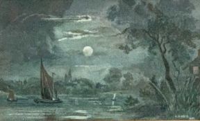 A D REID (1844-1908)? watercolour - titled 'Full Moon Over a River Scene', signed, dated 1882, 16.