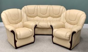 MODERN BEIGE LEATHER EFFECT THREE-PIECE SUITE comprising three-seater sofa, 97cms H, 182cms W, 85cms