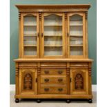 LATE VICTORIAN LIGHT OAK BOOKCASE SIDEBOARD the upper section having three glazed doors, the base