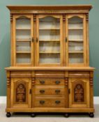 LATE VICTORIAN LIGHT OAK BOOKCASE SIDEBOARD the upper section having three glazed doors, the base