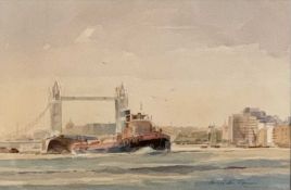 DENNIS JOHN HANCERI RSMA (1928-2011) watercolour - titled 'Thames Traffic, London', signed, 22 x